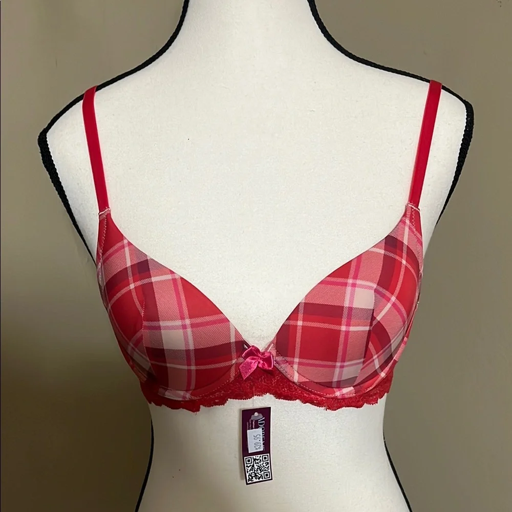 2/$24 Adore Me Bra Kati Sz Various Red Plaid Lace/Bow Detail Underwire Feminine